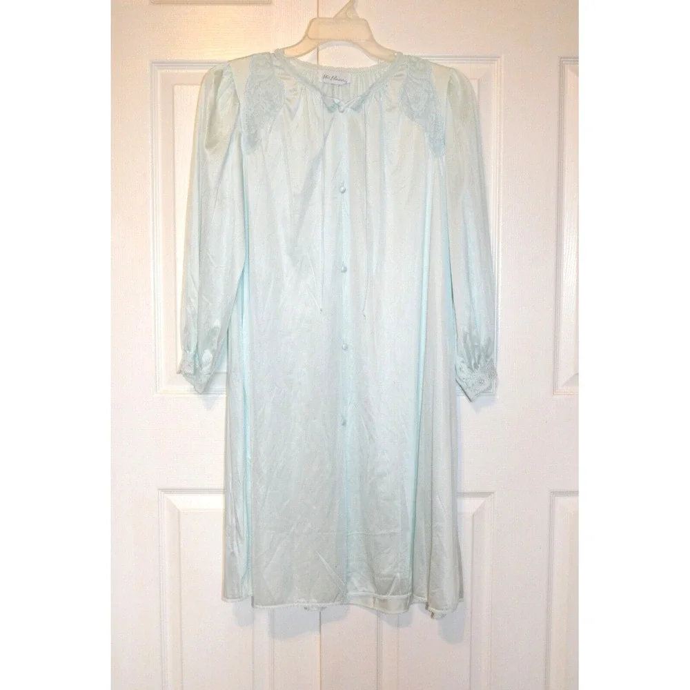 MISS ELAINE Blue Satin Nylon Lounge‎ Robe Womens Small Long Sleeve